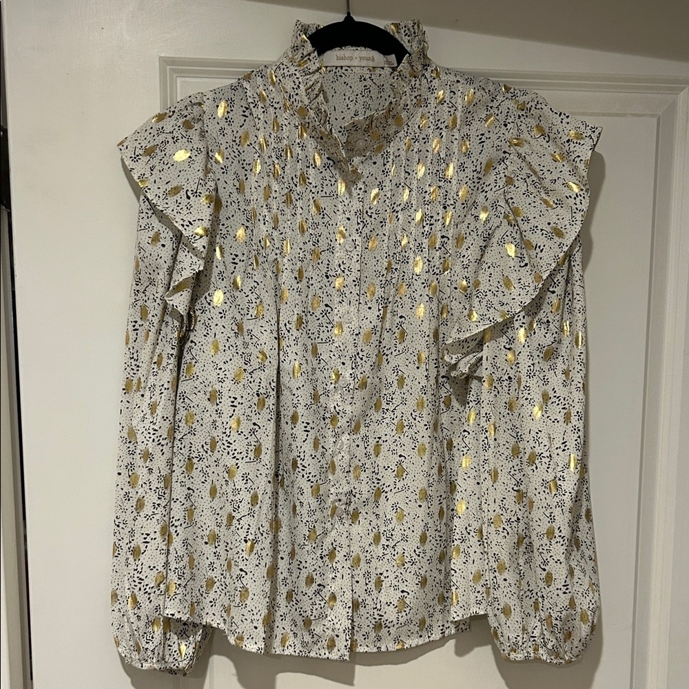Bishop + Young White Blouse with Black and Gold Accents